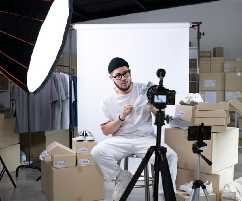 Influencer wearing a beanie and casual outfit, sitting in a studio setup with boxes and clothing in the background. He is recording content using a professional camera on a tripod under bright studio lights.
